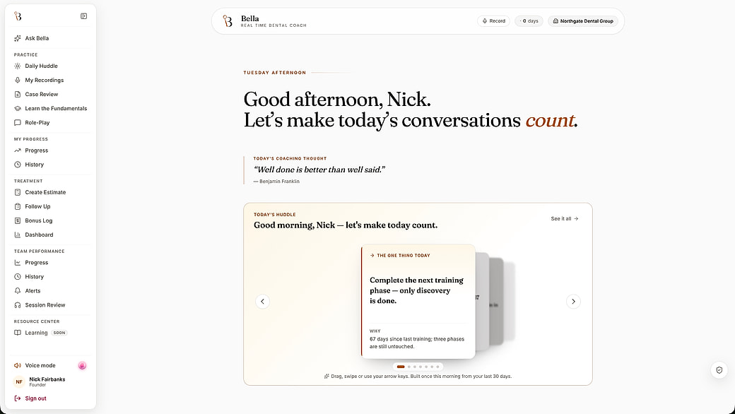The Bella dashboard: a rail of practice, treatment and progress tools beside the day's coaching thought, the morning huddle and the coaching loop.